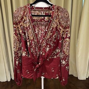 Free People - Women’s Run Free Long Bell Sleeve Blouse TopBurgundy - Size: Med
